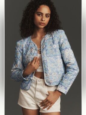 Anthropologie Dolan Bow-Front Linen Quilted Lady Jacket • Blue Paisley • S